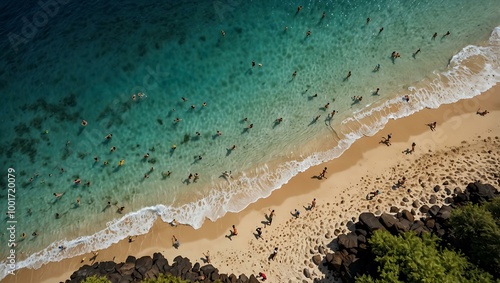 People swimming in Halona Beach Cove, captured from above. photo