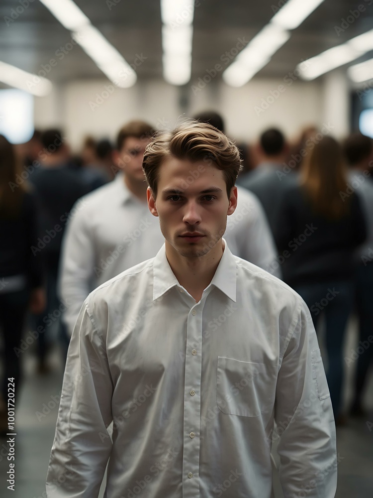 Person draped in white stands still in a bustling, motion-blurred crowd, emphasizing isolation. Person draped in white stands still in a bustling, motion-blurred crowd, emphasizing isolation.