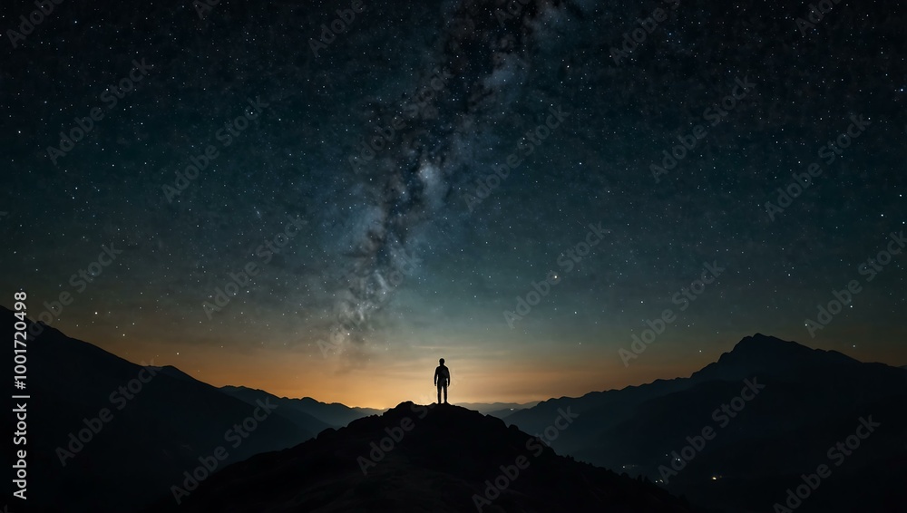 Person silhouette on a mountain under the starry sky Person silhouette on a mountain under the starry sky