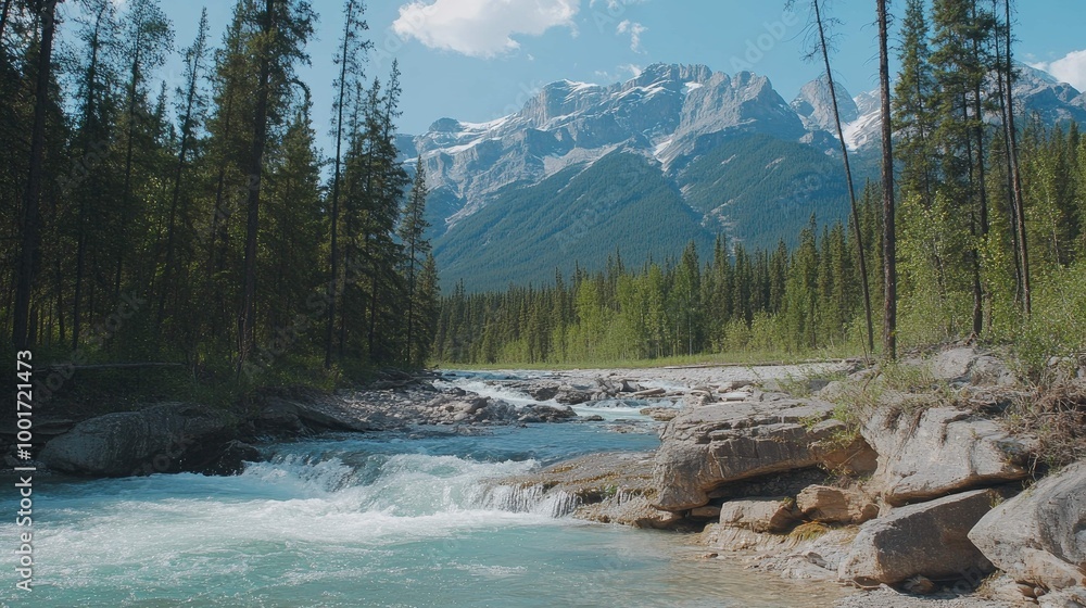 A rushing river flows through a rocky valley surrounded by lush green trees and majestic snow-capped mountains in the distance. A rushing river flows through a rocky valley surrounded by lush green trees and majestic snow-capped mountains in the distance.