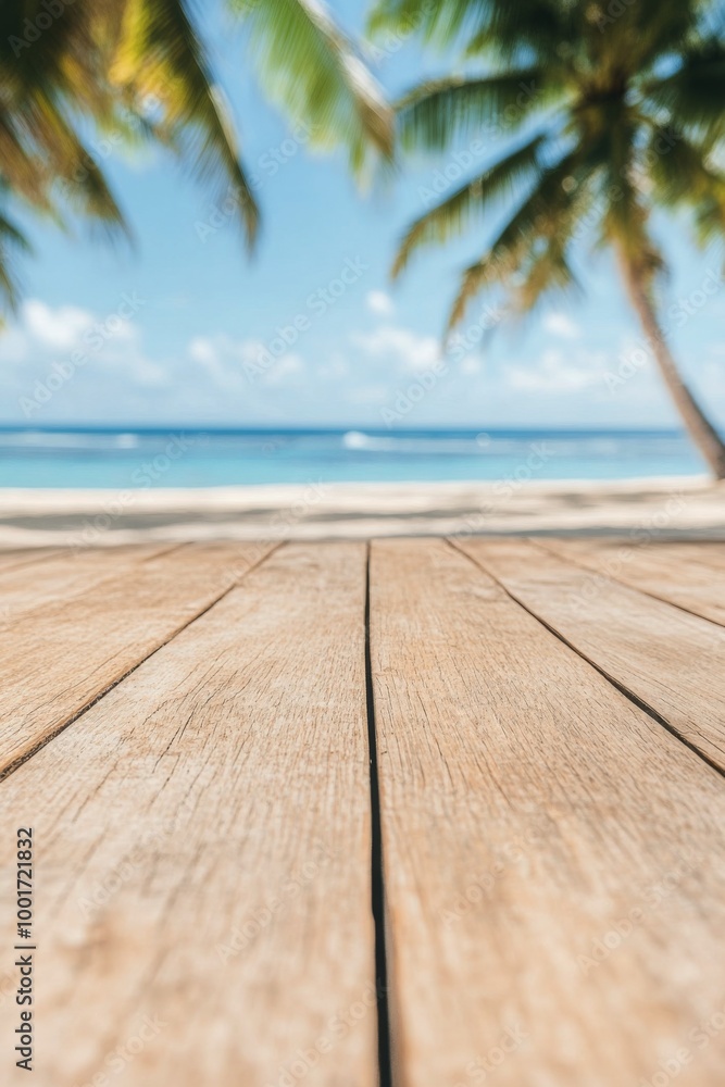 Fototapeta premium Tranquil beach view with wooden deck, palm trees, and serene ocean under clear blue sky