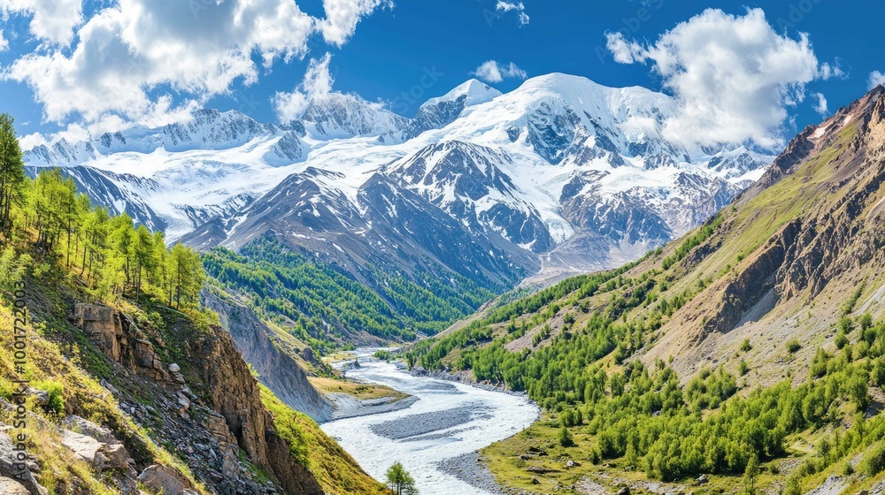 A scenic mountain range with snow-capped peaks and a winding river flowing through a valley, under a blue sky with fluffy clouds. A scenic mountain range with snow-capped peaks and a winding river flowing through a valley, under a blue sky with fluffy clouds.