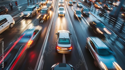 Car driving fast in busy traffic alongside other vehicle