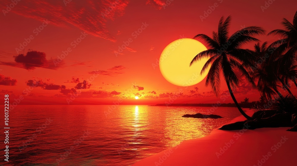 A scenic sunset over a tropical beach with palm trees silhouetted against the fiery sky. A scenic sunset over a tropical beach with palm trees silhouetted against the fiery sky.