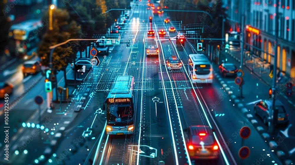 A high-tech smart city featuring advanced public transportation with electric buses, smart traffic lights, and connected bike lanes