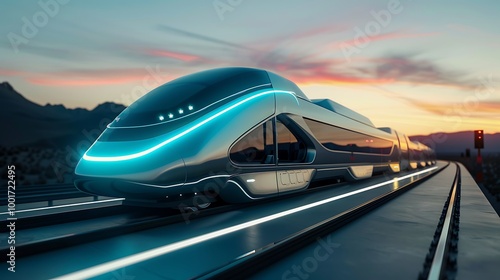 A hydrogen fuel cell train concept showcasing a sleek, futuristic design with clean energy technology, emphasizing sustainability and innovation in transportation