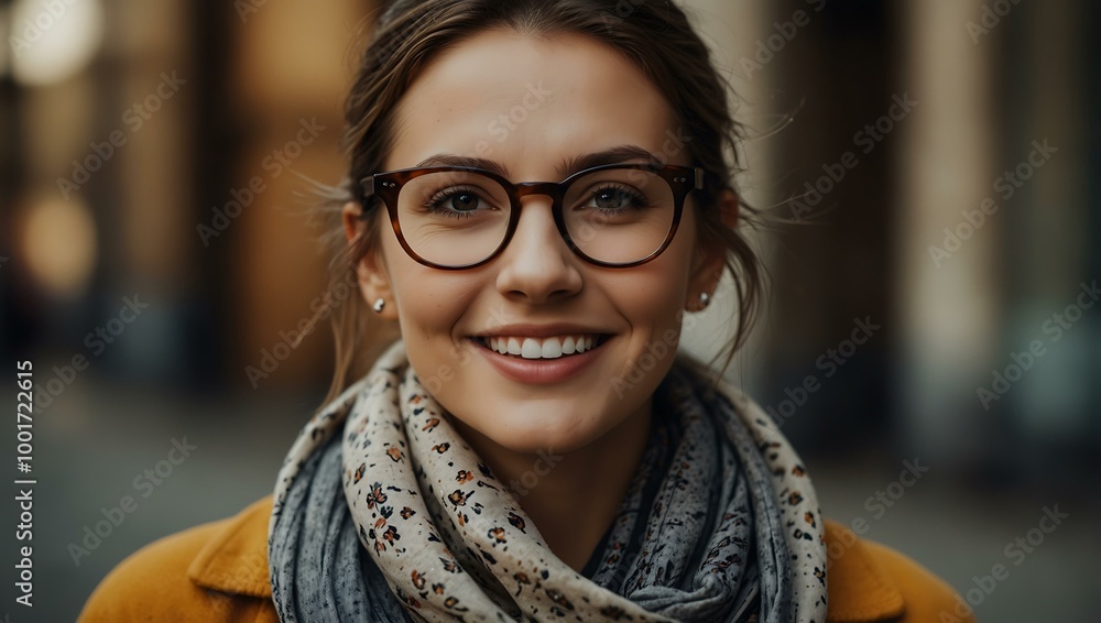 Portrait of a smiling woman with glasses and scarf. Portrait of a smiling woman with glasses and scarf.