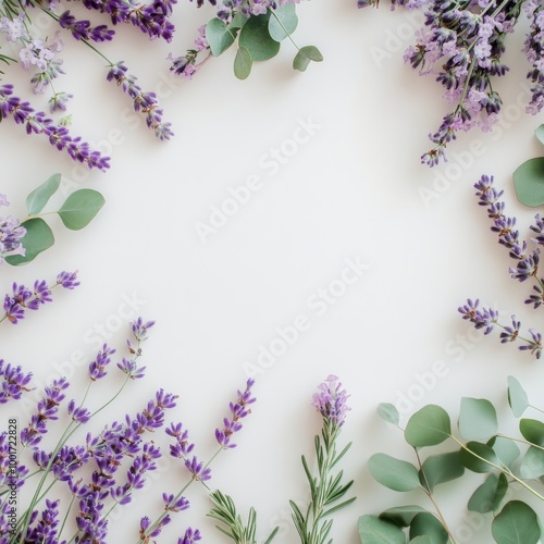 A beautiful arrangement of lavender and greenery on a light background for decorative use