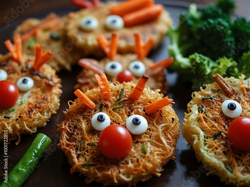 Potato latkes shaped like reindeer faces with veggies. photo