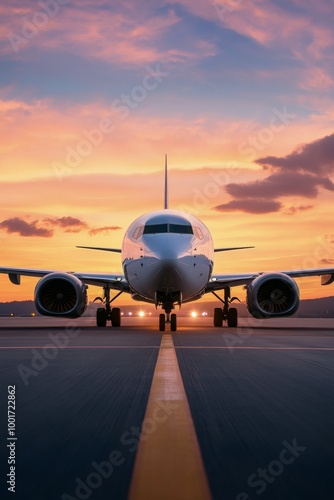 Airplane on runway at sunset with vibrant clouds in the background