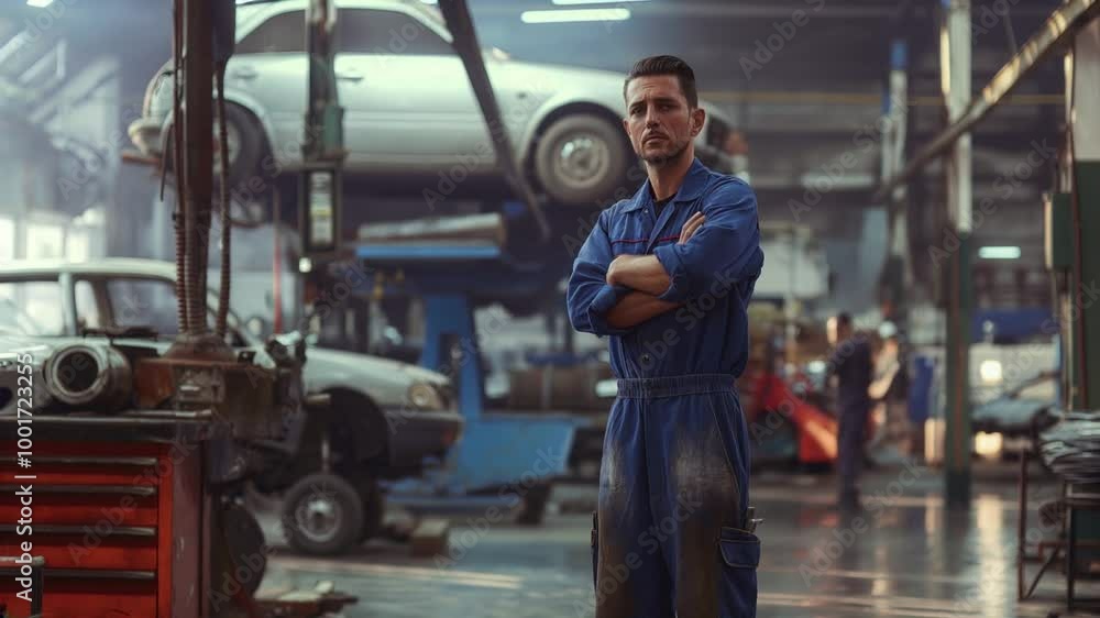 Male mechanic standing in a busy auto repair shop Male mechanic standing in a busy auto repair shop