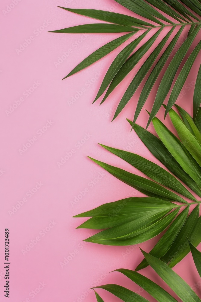 Tropical green palm leaves arranged against a playful pink background for a fresh aesthetic Tropical green palm leaves arranged against a playful pink background for a fresh aesthetic