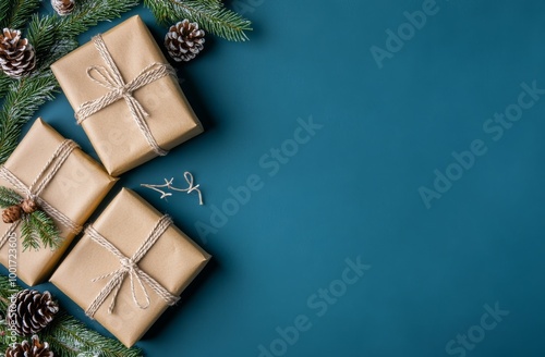 Festive holiday gifts wrapped in brown paper on a teal background with pinecones and greenery