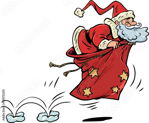 Santa Claus jumping with a sack. Gifts for New Year and Christmas. Delivery of gifts for the holiday quickly and reliably.