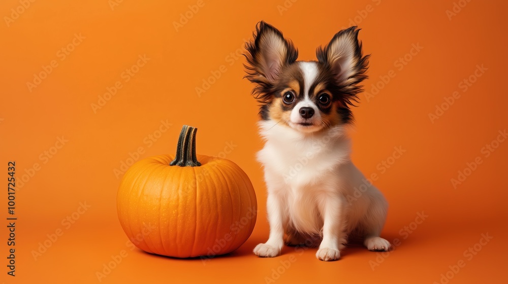 Puppy with orange pumpkin on an orange background Puppy with orange pumpkin on an orange background