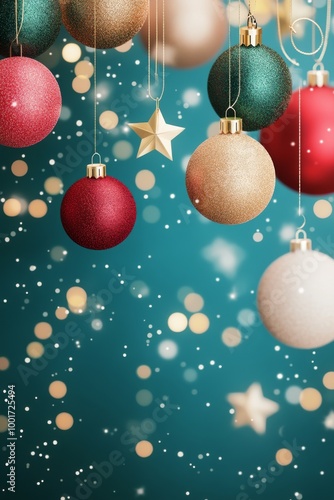 Beautifully decorated Christmas ornaments with glittering stars and festive bokeh background
