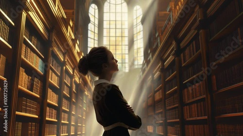 Woman standing in a historic library with large windows