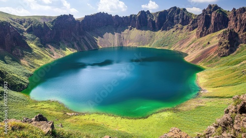 A serene mountain lake nestled in a crater, surrounded by lush green vegetation and towering cliffs, with a clear blue sky overhead. photo