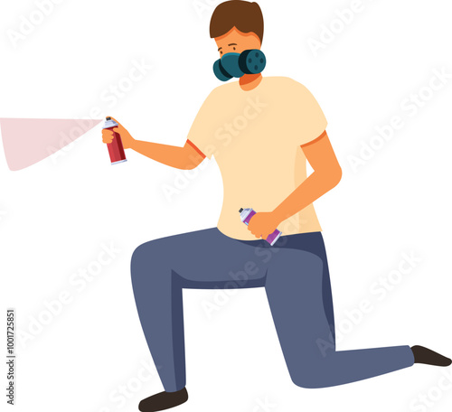 Young street artist is kneeling and painting with spray paint while wearing a respirator mask for protection