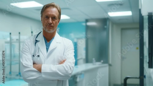 Doctor standing confidently in a modern medical clinic