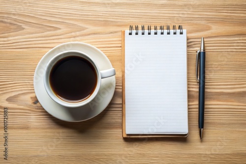 Blank notebook and coffee cup on office desk for planning and creativity. Generative AI