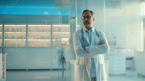 Male doctor standing with crossed arms in a modern clinic hospital room