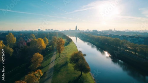 Aerial view of a winding river flowing through a green german landscape
