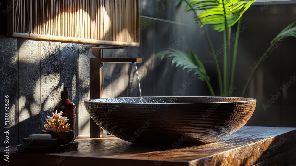 Elegant bathroom sink with running water and natural decor Elegant bathroom sink with running water and natural decor