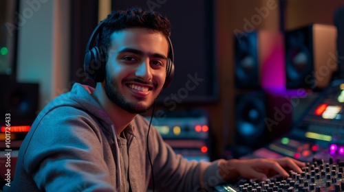 Middle Eastern Man Working in Music Production Studio with Headphones, Audio Equipment, and Monitors, Ideal for Technology and Sound Design