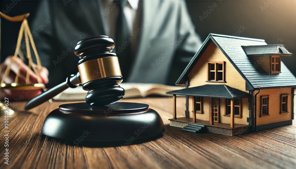 Photorealistic image of a gavel and house model Photorealistic image of a gavel and house model