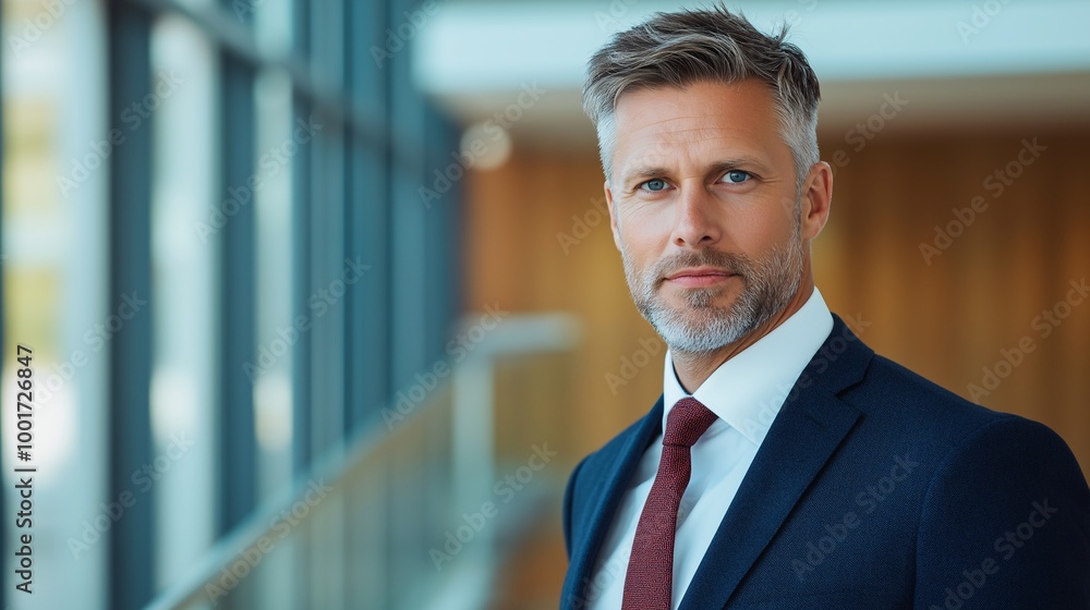 Middle-aged businessman with gray hair in navy suit, showcasing professionalism in office setting Middle-aged businessman with gray hair in navy suit, showcasing professionalism in office setting