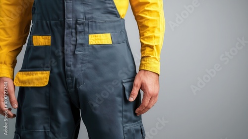 A close-up of a person wearing blue-and-yellow overalls, showcasing pockets and details against a neutral background.