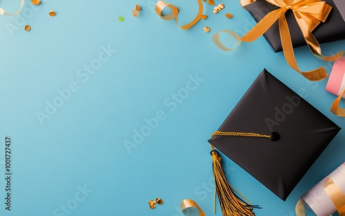 Black graduation gifts wrapped with gold ribbons and a cap on a blue background with confetti photo