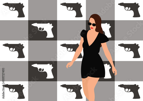 The woman in a black dress in the background of pistols