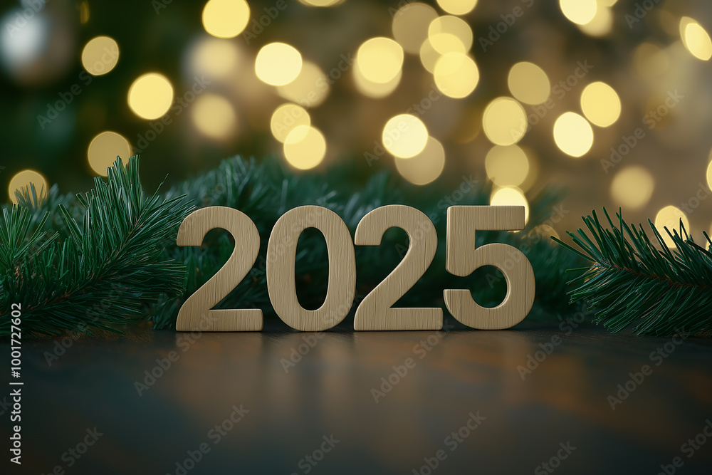 Wooden 2025 Numbers with Fir Branches and Warm Bokeh Lights, Capturing the Essence of a Natural and Cozy New Year Celebration Wooden 2025 Numbers with Fir Branches and Warm Bokeh Lights, Capturing the Essence of a Natural and Cozy New Year Celebration