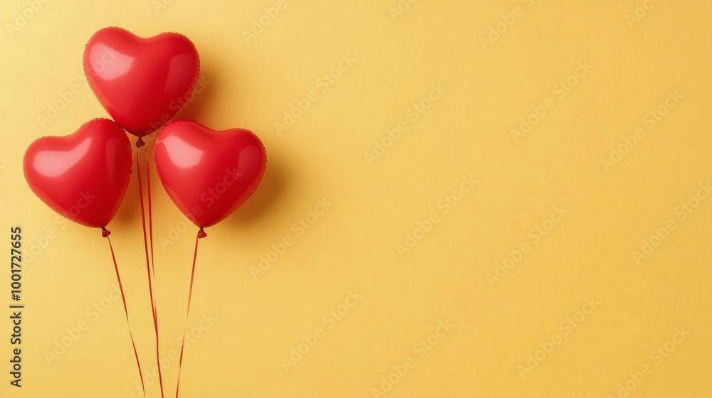 Three red heart balloons float on a bright yellow background, ideal for celebrations Three red heart balloons float on a bright yellow background, ideal for celebrations