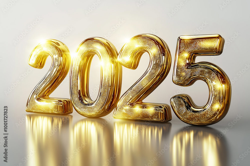 Golden Reflective 2025 Numbers on Clean White Background for New Year Celebration, Symbolizing Future Success, Fresh Beginnings, and Optimism Golden Reflective 2025 Numbers on Clean White Background for New Year Celebration, Symbolizing Future Success, Fresh Beginnings, and Optimism
