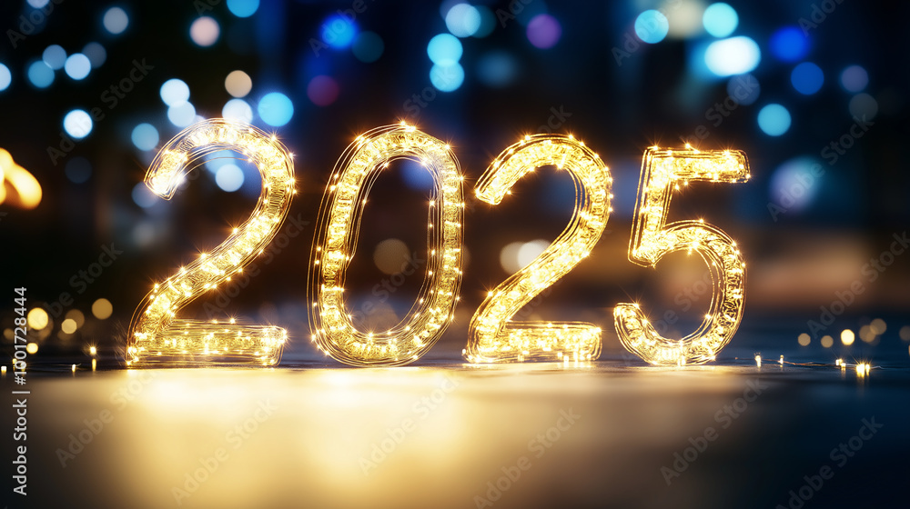 Sparkling Lights Creating 2025 Numbers in Festive Night Setting for New Year Celebration, Symbolizing Future Hopes, Success, and Holiday Spirit