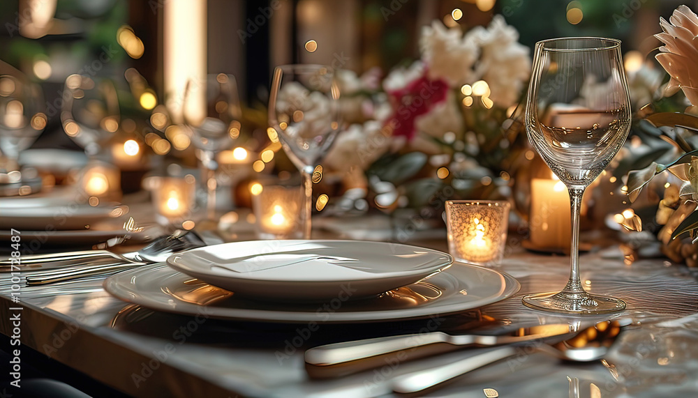 An elegant restaurant for corporate events with exquisite table settings and ambient lighting, a professional and high-class atmosphere. An elegant restaurant for corporate events with exquisite table settings and ambient lighting, a professional and high-class atmosphere.