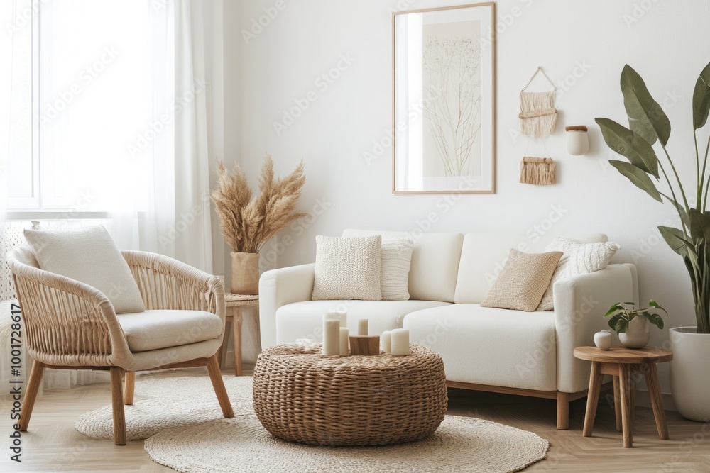 Obraz premium Modern Living Room Interior Design with Armchair, Table, and Decor in Cream Tones