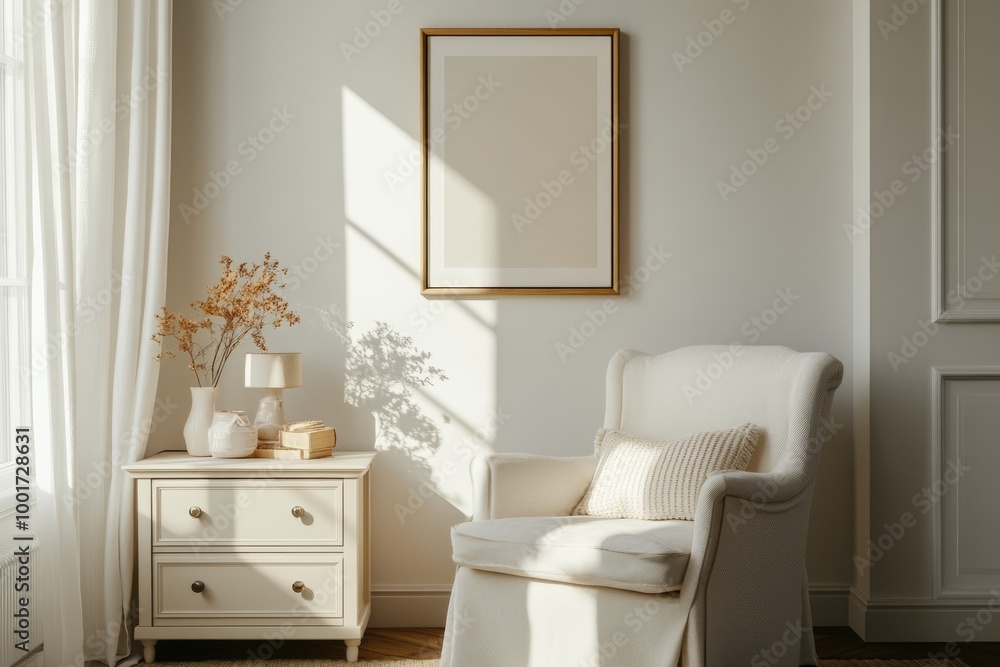 Fototapeta premium Contemporary Guest Room Interior with Armchair and Gallery Wall