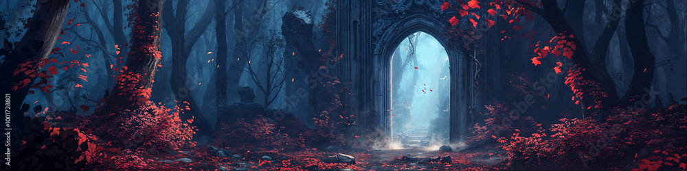 Fototapeta premium Fantasy Forest Landscape Background Panorama Concept Drawing image HD Print Neo Game Art V12