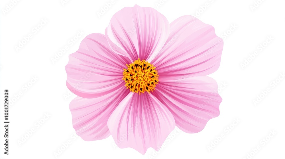A single pink cosmos flower with a yellow center isolated on a white background. A single pink cosmos flower with a yellow center isolated on a white background.