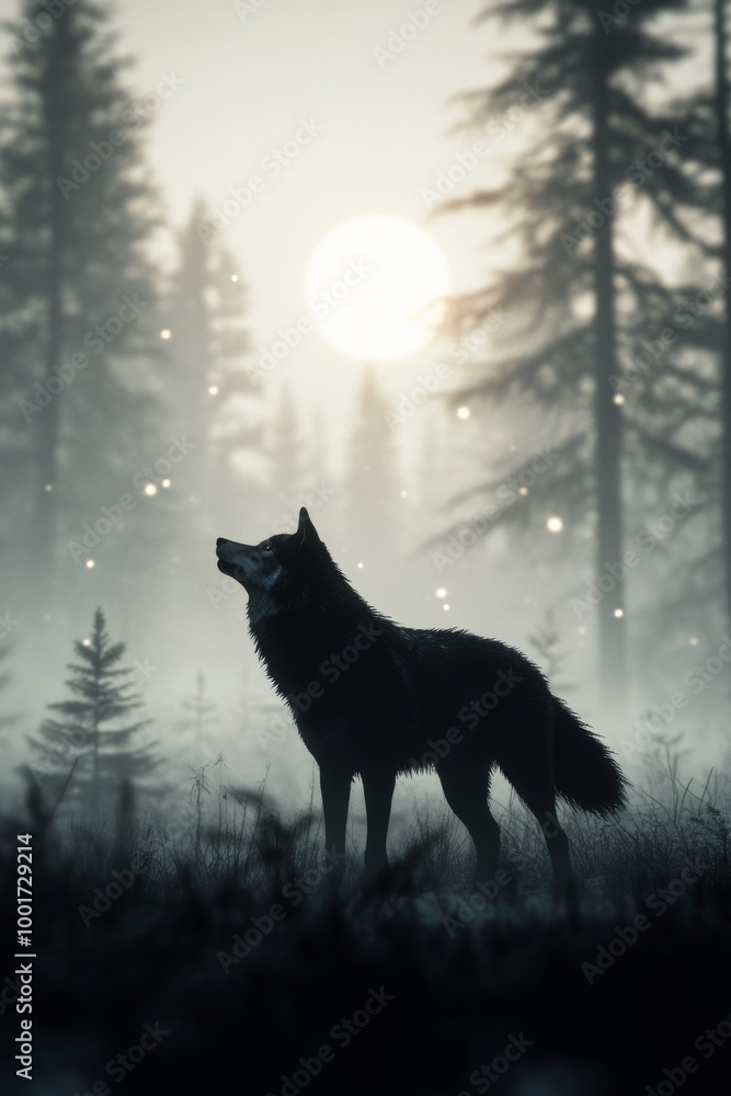 A lone wolf howls in a misty forest at dawn, surrounded by tall trees and ethereal fog A lone wolf howls in a misty forest at dawn, surrounded by tall trees and ethereal fog