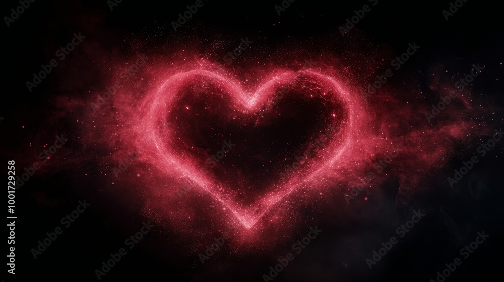 A glowing pink heart shape illuminated against a dark cosmic background with stars A glowing pink heart shape illuminated against a dark cosmic background with stars