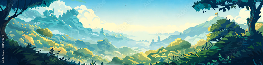 Fototapeta premium Fantasy Forest Landscape Background Panorama Concept Drawing image HD Print Neo Game Art V12