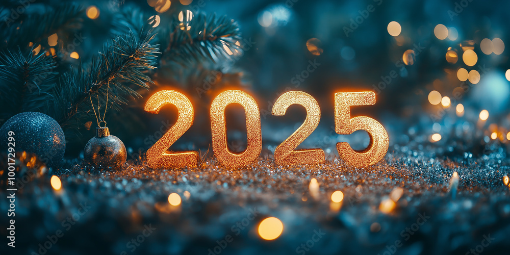 Golden Sparkling 2025 Numbers Surrounded by Festive Decorations and Bokeh Lights for Joyful New Year Celebration, Symbolizing Holiday Spirit and Fresh Beginnings Golden Sparkling 2025 Numbers Surrounded by Festive Decorations and Bokeh Lights for Joyful New Year Celebration, Symbolizing Holiday Spirit and Fresh Beginnings