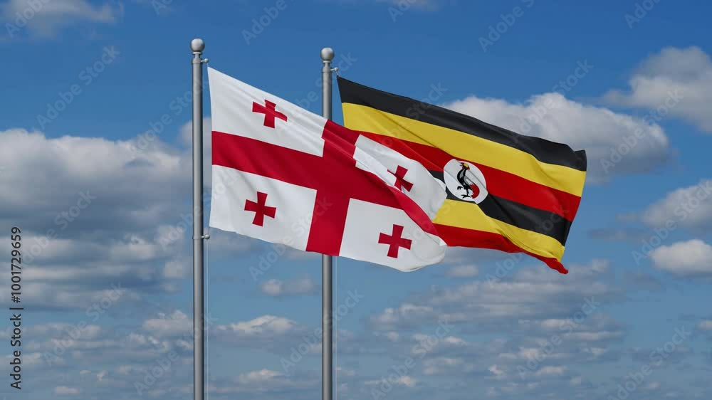 Republic of Uganda and Georgia flags flying together, video concept of the relationship, two country cooperation concept Republic of Uganda and Georgia flags flying together, video concept of the relationship, two country cooperation concept