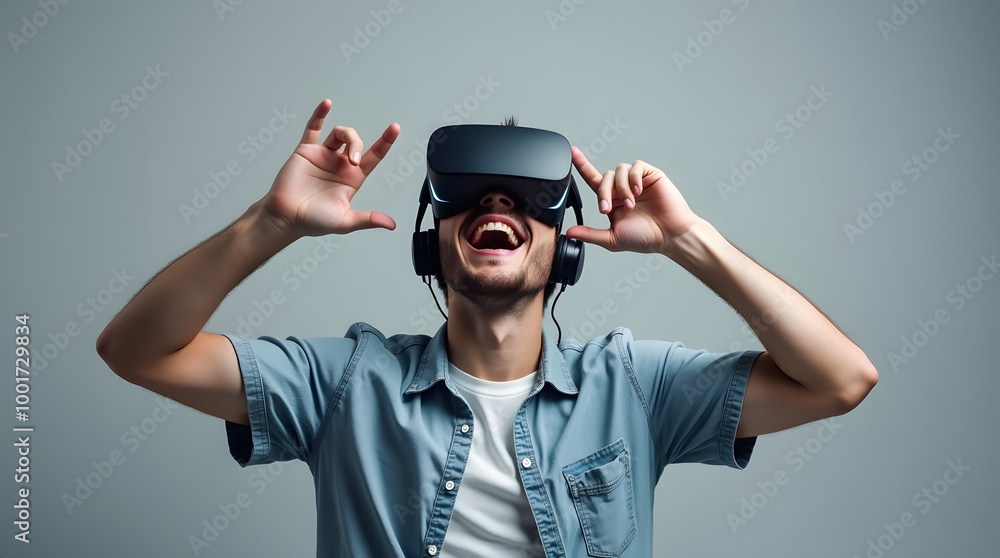 A young man using VR glasses, happy and excited making a winner gesture with arms raised over Isolated on a gray background studio portrait. VR, future, gadgets, technology, neon. Generative AI A young man using VR glasses, happy and excited making a winner gesture with arms raised over Isolated on a gray background studio portrait. VR, future, gadgets, technology, neon. Generative AI