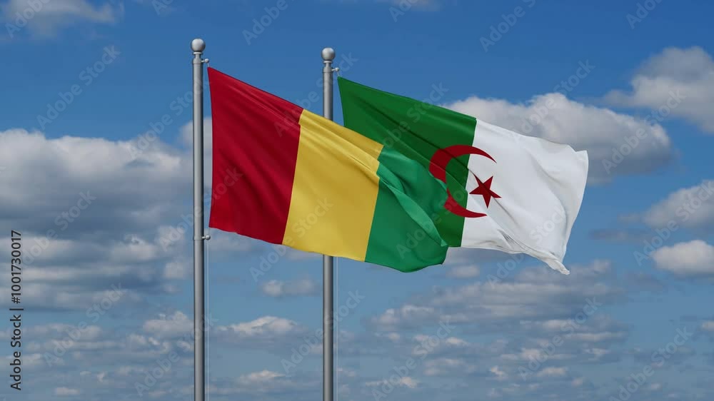 Algeria and Guinea Conakry flags flying together, video concept of the relationship, two country relations concept Algeria and Guinea Conakry flags flying together, video concept of the relationship, two country relations concept